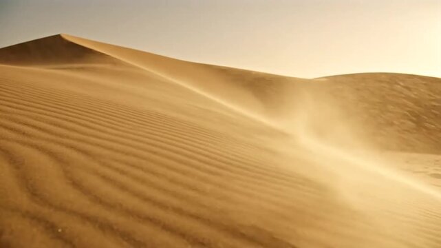 Golden Dunes in the Wind: Rippling sand dunes sculpted by the wind, with fine sand particles suspended in the air, creating a dynamic and breathtaking desert landscape under a clear sky.