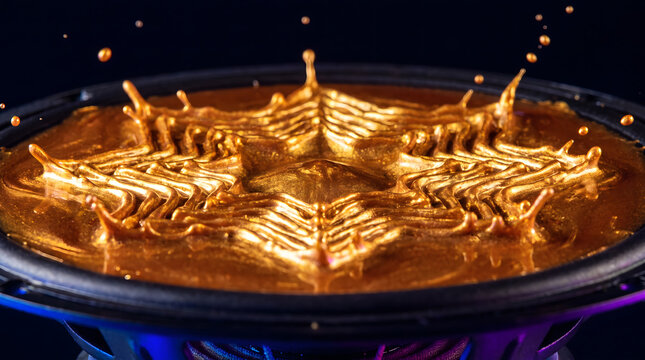 High speed macro photography of glowing golden fluid vibrating at high frequency forming a wave pattern