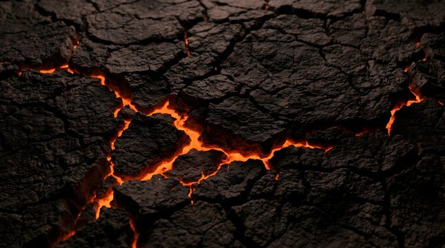 Cracked dry earth surface with glowing orange magma underneath
