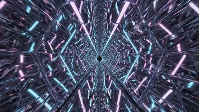 Abstract Tunnel of Light and Geometry: A mesmerizing visual journey through a futuristic tunnel, where metallic structures interlace with vibrant neon blue and pink lights.
