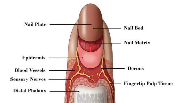 Medical diagram labeling the nail plate, epidermis, blood vessels, nerves, and distal phalanx bone.