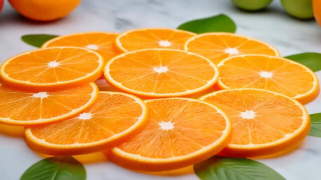 Sliced oranges arranged in overlapping layers with green leaves on pale marble surface as view gradually moves closer, emphasizing juicy citrus flesh, rind texture, and vivid orange color