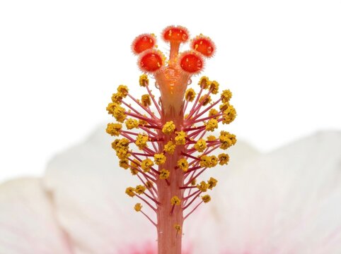 Isolated Hibiscus Staminal Column with Orange Pollen Anthers and Red Stigma Branches on White Background