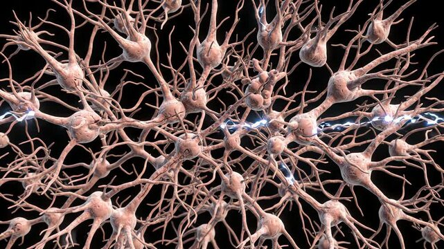 Neuronal development affected by Rett syndrome, showing disrupted communication between developing neurons and reduced neural connections