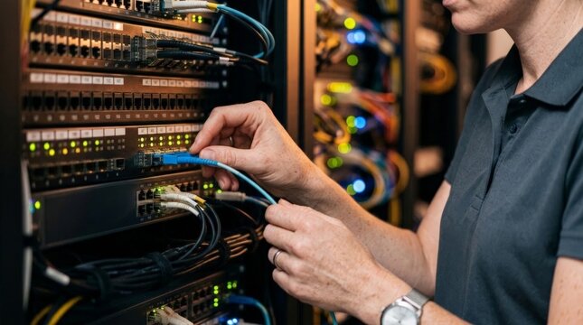 A technician wearing a dark polo shirt is plugging a blue fiber optic cable into a network switch inside a server room rack with glowing indicator lights and messy cabling