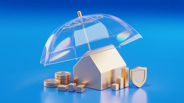 A miniature house model protected by a transparent umbrella with gold coins and bar charts on a blue background, representing real estate, investment, property insurance, and financial security
