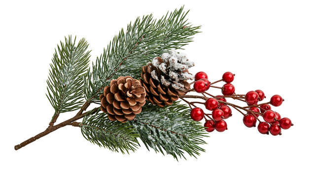 Snowy pine branch with brown pinecones and red holly berries