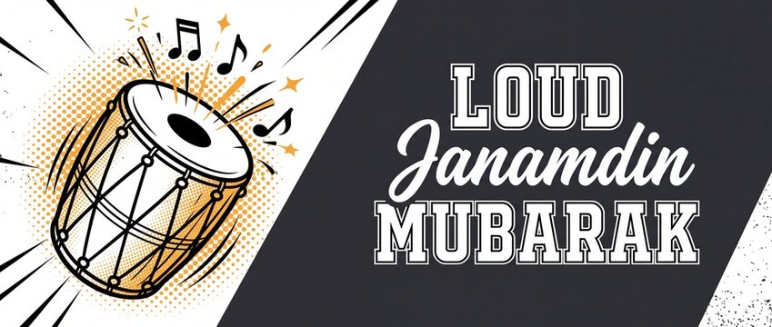 Indian dhol drum birthday greeting background with Janamdin Mubarak text for festive celebration event banner, pop art comic style music vector card, energetic happy birthday wishes poster design.