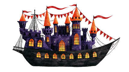 Dark purple gothic castle ship with orange glowing windows and red pennant flags © Ari