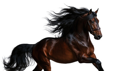 Dark brown horse with flowing black mane galloping in motion © Ari