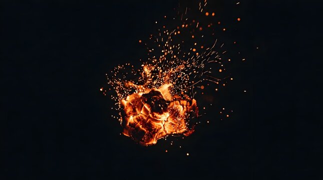 Glowing embers and orange sparks flying against a pitch black background