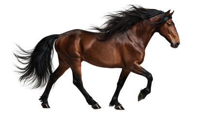 Galloping brown horse with flowing black mane and tail in motion © Ari