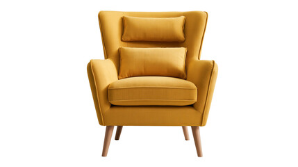 Fototapeta premium Mustard yellow fabric armchair with two rectangular cushions and wooden legs