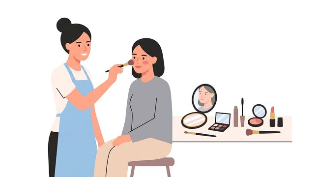 Makeup artist applying blush to client in professional salon setting flat vector illustration