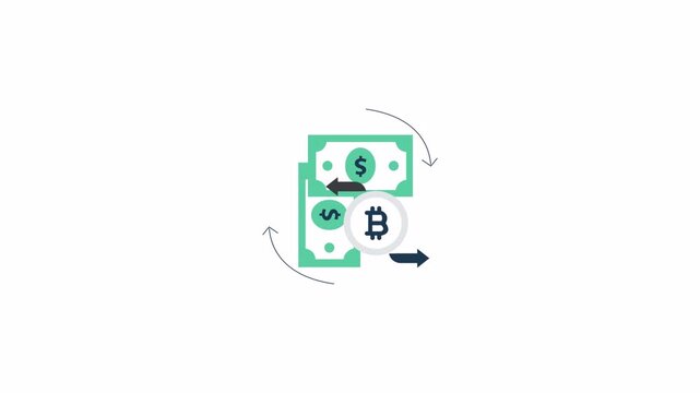 Green paper money stacks rotating cycle with bitcoin digital coin symbol exchange for financial, cryptocurrency, blockchain concepts in design projects.