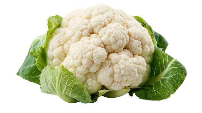 Fresh raw cauliflower head with vibrant green leaves