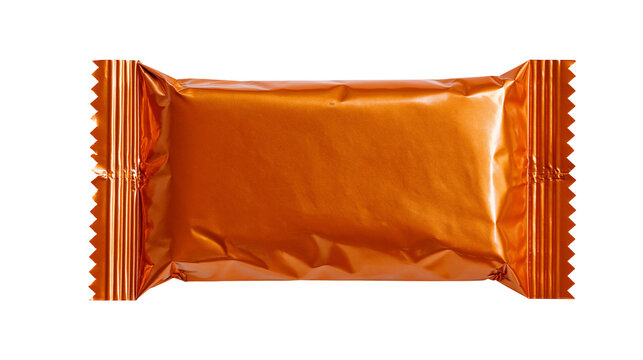 Rectangular snack bar in shiny metallic orange foil wrapper with crimped edges