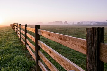 Obraz premium The Wooden Fence along Open Pasture at Sunrise in Misty Morning Light