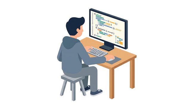 Software developer typing code on computer with displayed programming syntax on monitor
