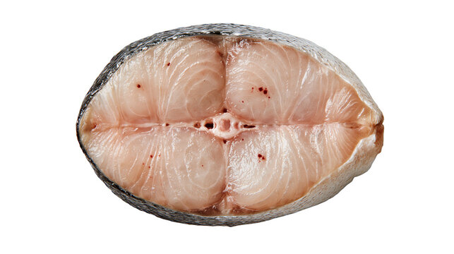 Fresh raw king mackerel fish steak slice with silver skin and pink flesh