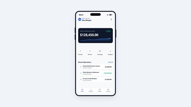 Animated mobile banking app splash screen and dashboard interface. 4K Video