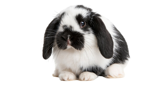 Black and white Holland Lop rabbit sitting with floppy ears