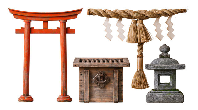 Traditional Japanese red torii gate shimenawa rope, wooden offering box and stone lantern