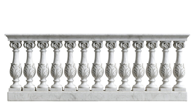 Classical white marble balustrade with ornate carved acanthus leaf balusters