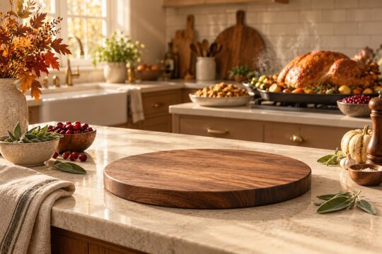 Empty Walnut Serving Board in Warm Thanksgiving Kitchen with Roast Turkey