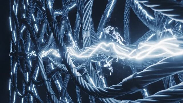 Electric Discharge Through Bundled Cables: A high-voltage electric arc flashes and sparks between a dense bundle of thick, metallic cables.