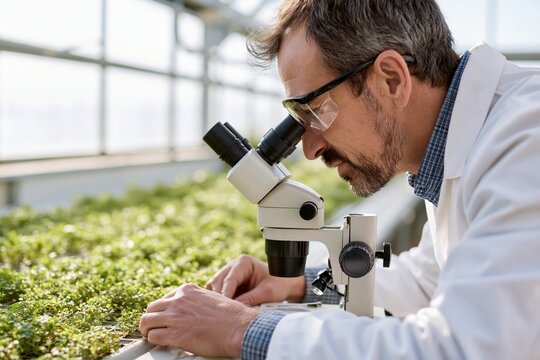 The Microscope in the Greenhouse Investigating Plant Samples Under Bright Laboratory Lighting