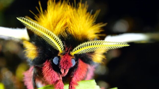 Brightly coloured male Saturniid moth with feathered antennae shivering, vibrating its flight muscles to raise its body temperature to prepare for  flight. In cloud forest at Yanayacu, Napo province, 