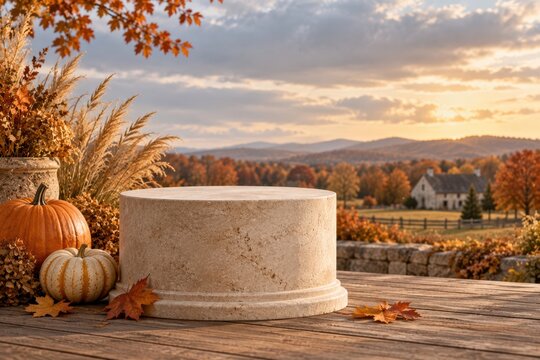 Empty Stone Product Pedestal on Autumn Terrace with Thanksgiving Harvest Scene