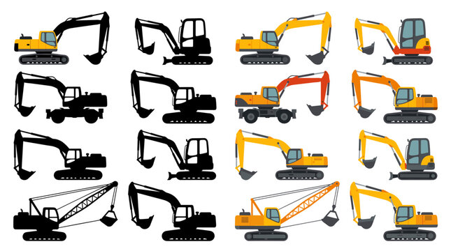 Professional vector collection featuring different excavators, crawler excavator, mini excavator, wheeled excavator, long-reach excavator, dragline excavator and hydraulic excavator