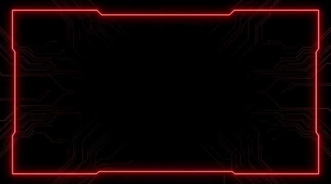 A glowing rectangular red neon frame featuring digital circuit board lines on a dark background with patterns radiating outward frame composed bright