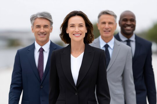 Businesswoman leading diverse corporate team smiling outdoors