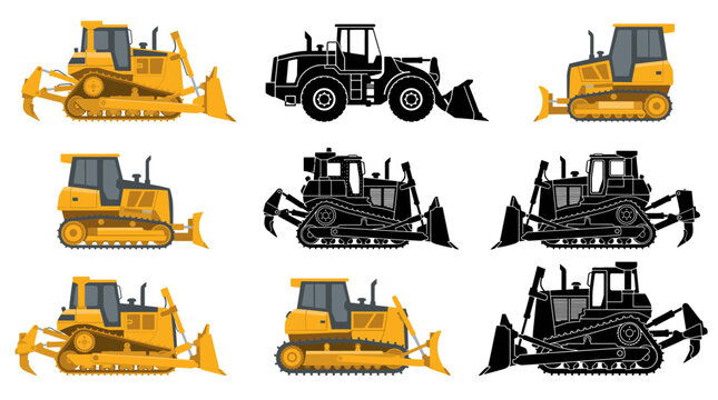 Professional vector collection featuring different bulldozers, crawler bulldozer, wheel bulldozer, mini bulldozer, armored bulldozer, swamp bulldozer and heavy-duty bulldozer