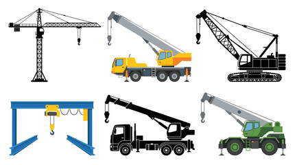 Professional vector collection featuring different cranes, tower crane, mobile crane, crawler crane, overhead crane, truck-mounted crane and rough-terrain crane © mehdik