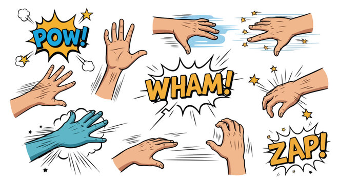 Comic book action hands vector set, retro superhero sound effects with pow wham and zap text, vintage pop art fighting gestures