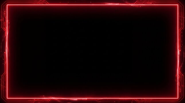 A bright red glowing rectangular frame with digital circuit patterns isolated on a solid black background for video overlay