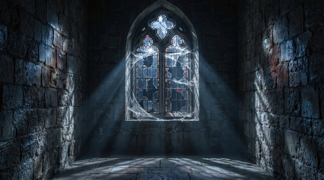 Moonlight shining through a cracked gothic castle window