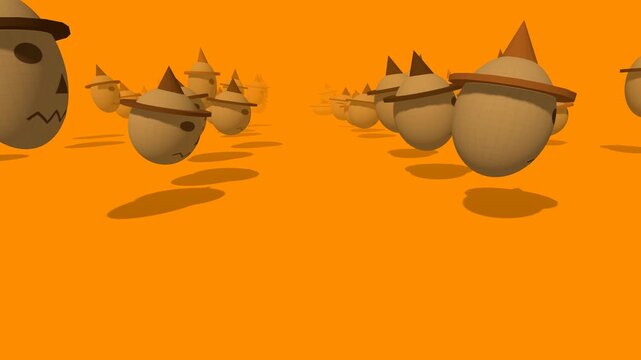 Seamless loop 3D animation of cute toy-like scarecrow heads bounding and bouncing rhythmically towards the camera. 