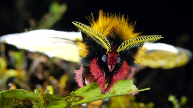 Brightly coloured male Saturniid moth with feathered antennae shivering, vibrating its flight muscles to raise its body temperature to prepare for  flight. In cloud forest at Yanayacu, Napo province, 