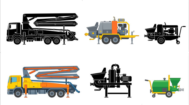 Set of vector collection featuring 6 different concrete pumps, truck-mounted concrete pump, trailer concrete pump, line concrete pump, boom concrete pump, stationary concrete pump