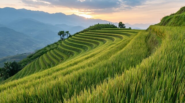 The Rice Terraces on a Sunlit Mountain Slope Overlooking a Distant Valley