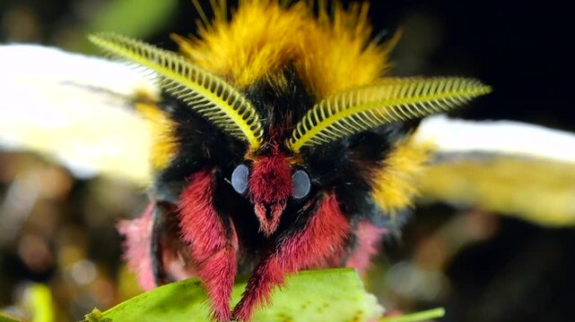 Brightly coloured male Saturniid moth with feathered antennae shivering, vibrating its flight muscles to raise its body temperature to prepare for  flight. In cloud forest at Yanayacu, Napo province, 