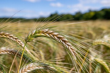Obraz premium The Wheat Heads in a Golden Field Under a Bright Blue Sky