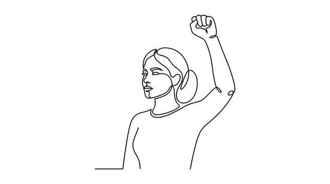 Minimalist continuous line drawing of woman with raised fist, female empowerment and protest concept, black ink sketch on white background