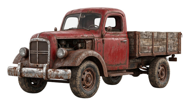 Vintage red pickup truck with rusty patina, antique farm vehicle with wooden flatbed, weathered classic work truck isolated on white