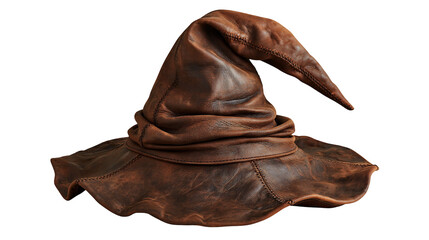 Weathered brown leather wizard hat with pointed top and wide brim © Thaddeus